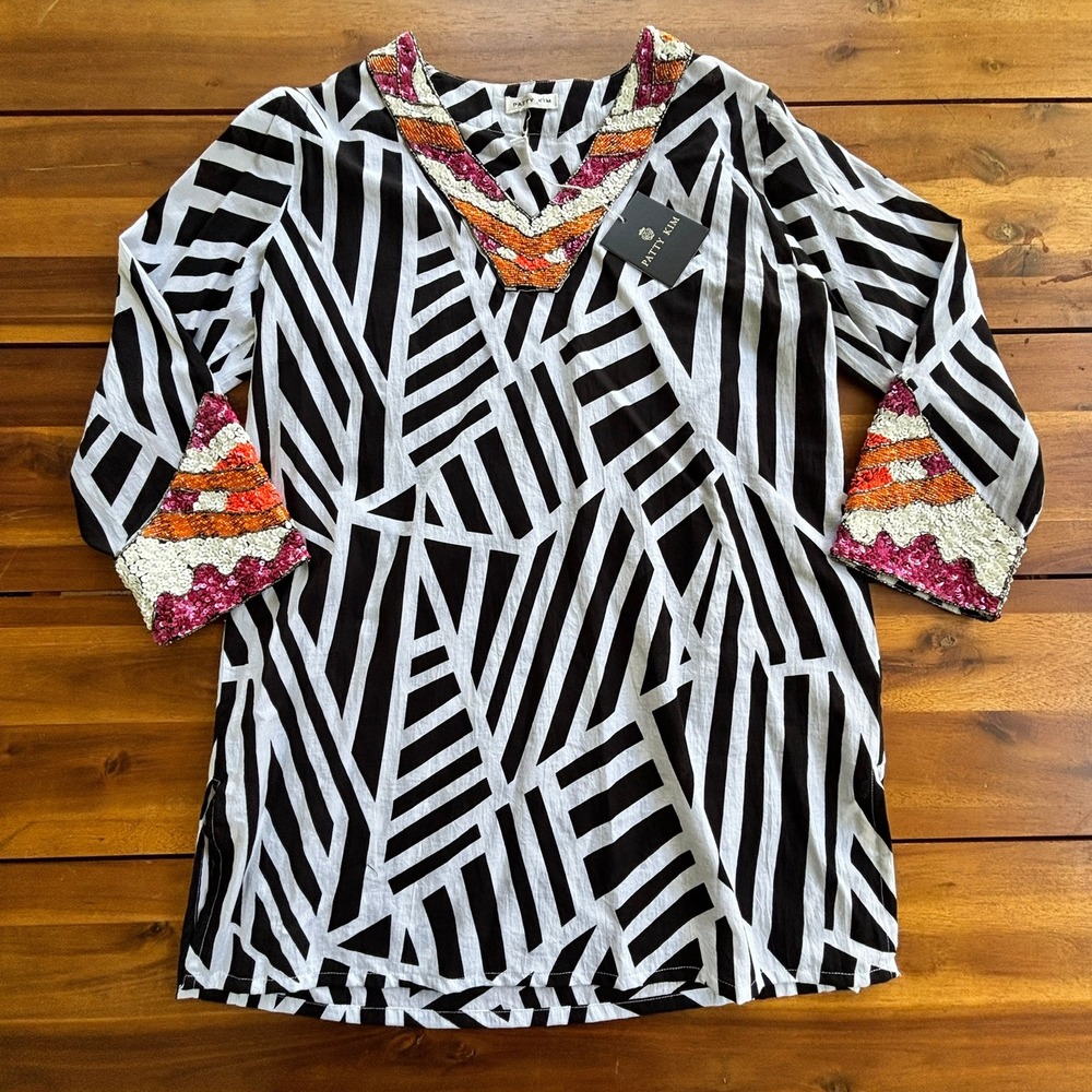 Patty Kim Hand Beaded Cotton Tunic Top Black White Geometric Size‎ Small NWT